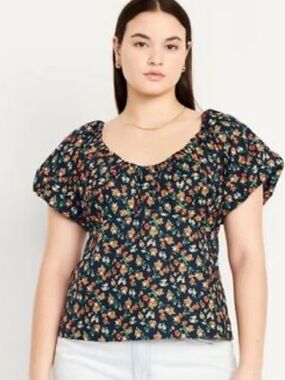 Old Navy Navy Floral Puff-Sleeve Blouse